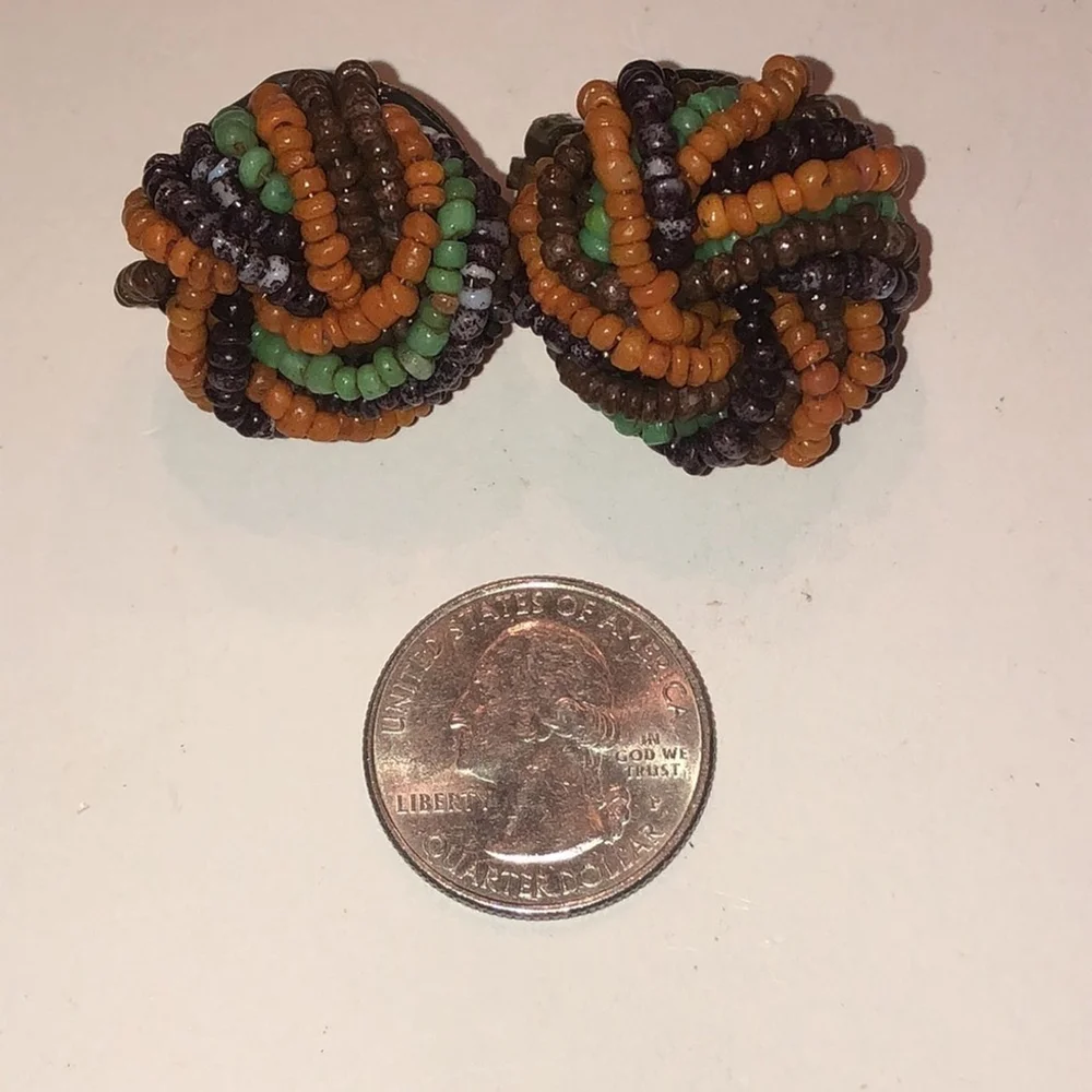 Vintage Round Seed Bead Neutral Tone Beaded Clip On Earrings